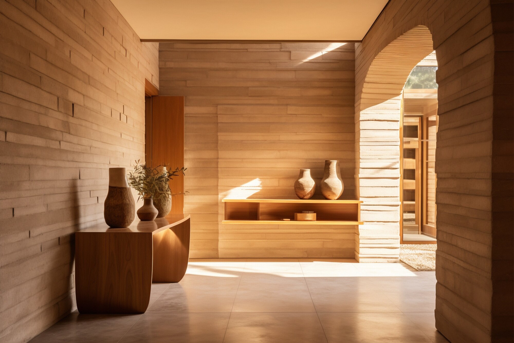 A minimalist room with a large rock in a sand garden, next to a small wooden stool. The space has wooden pillars and walls with ambient lighting.